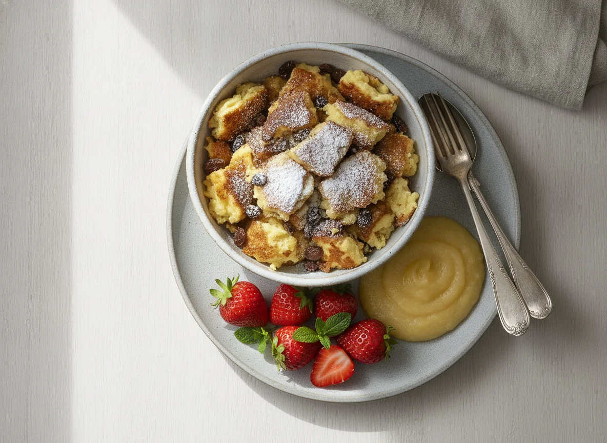 Kaiserschmarrn mit Apfelmus und Erdbeeren photo