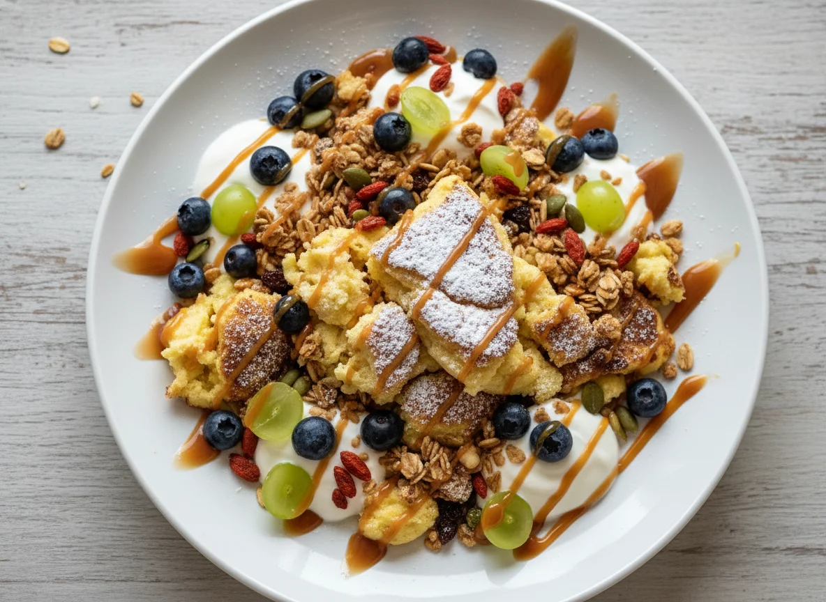 Kaiserschmarrn mit Früchten und Toppings photo