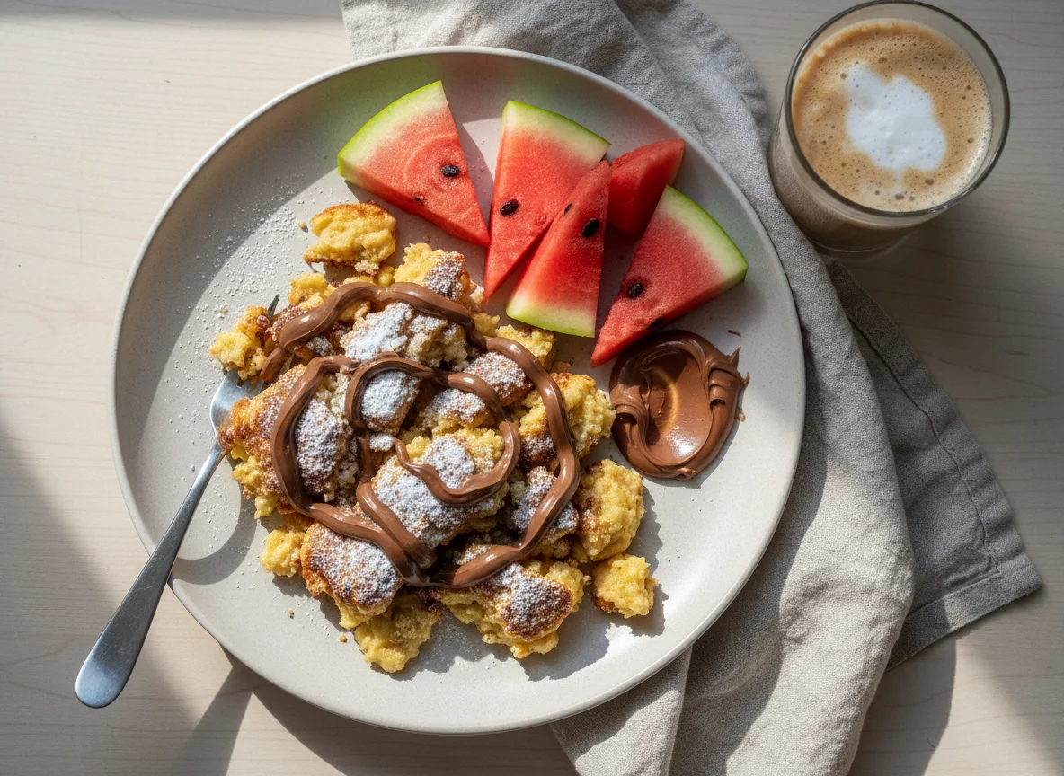 Kaiserschmarrn mit Wassermelone und Kaffee photo