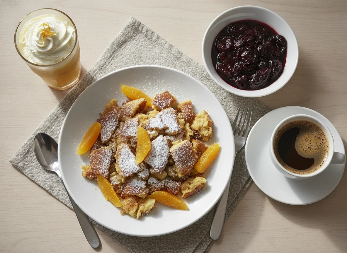 Kaiserschmarrn mit Zwetschgenröster und Getränken photo