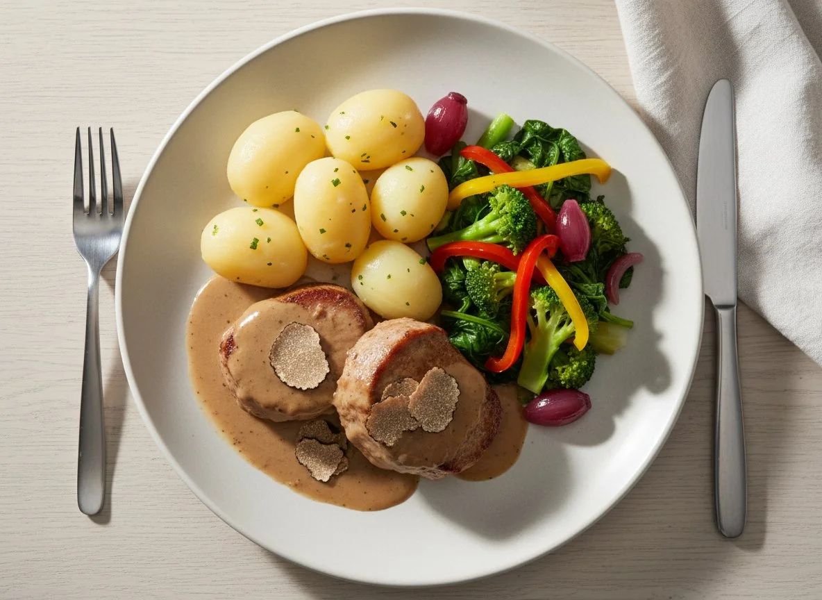 Kalbfleisch mit Trüffelsauce, Kartoffeln und Gemüse photo
