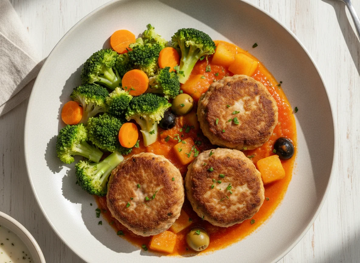 Kalbsfrikadellen mit Brokkoli und Tomatensauce photo