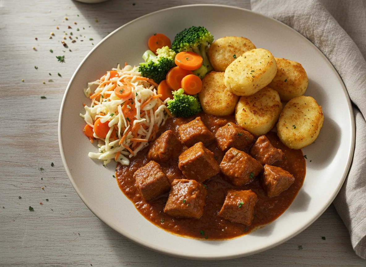 Kalbsgulasch mit Kartoffelkroketten und Gemüse photo