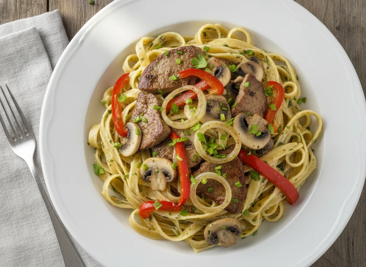 Kalbsleber mit Pilzen und Paprika auf Tagliatelle photo