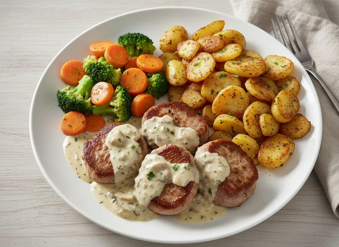 Kalbsmedaillons mit Rahmsauce, Röstkartoffeln und Gemüse photo