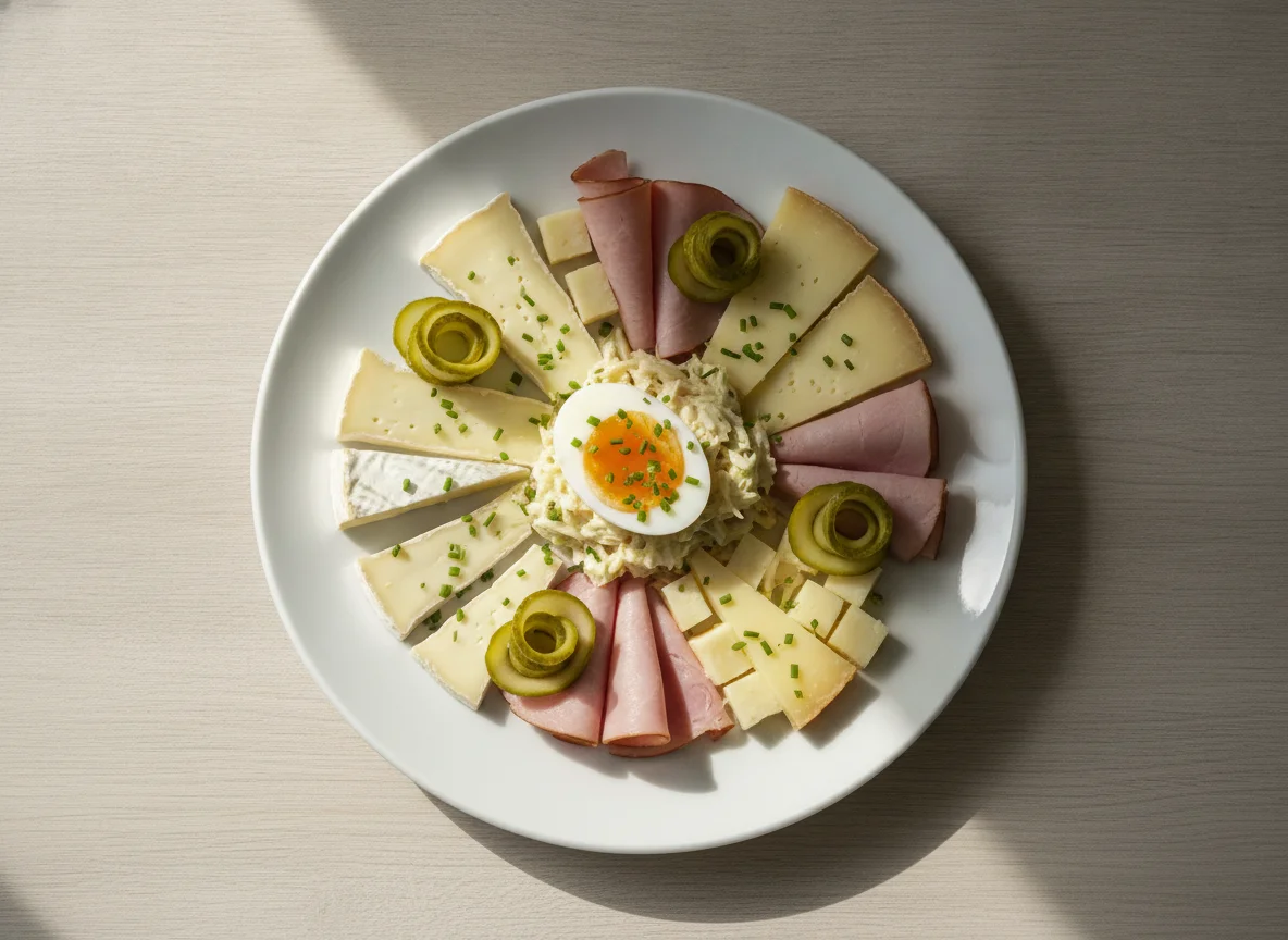 Kalter Teller mit Käse, Schinken und Ei photo