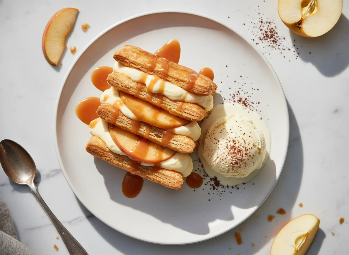 Karamellisierter Apfel Mille-Feuille mit Eis photo