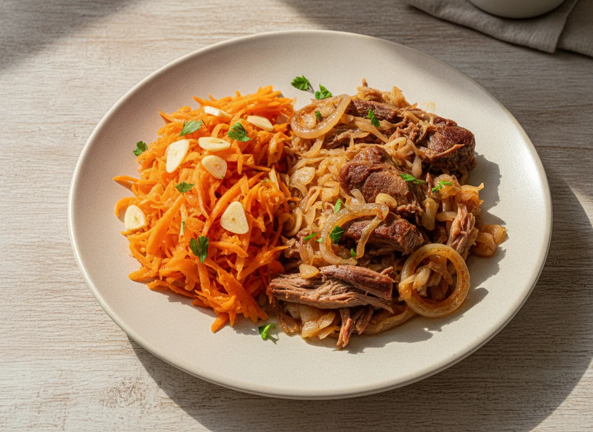 Karotten-Knoblauch-Salat und geschmortes Kraut mit Fleisch photo