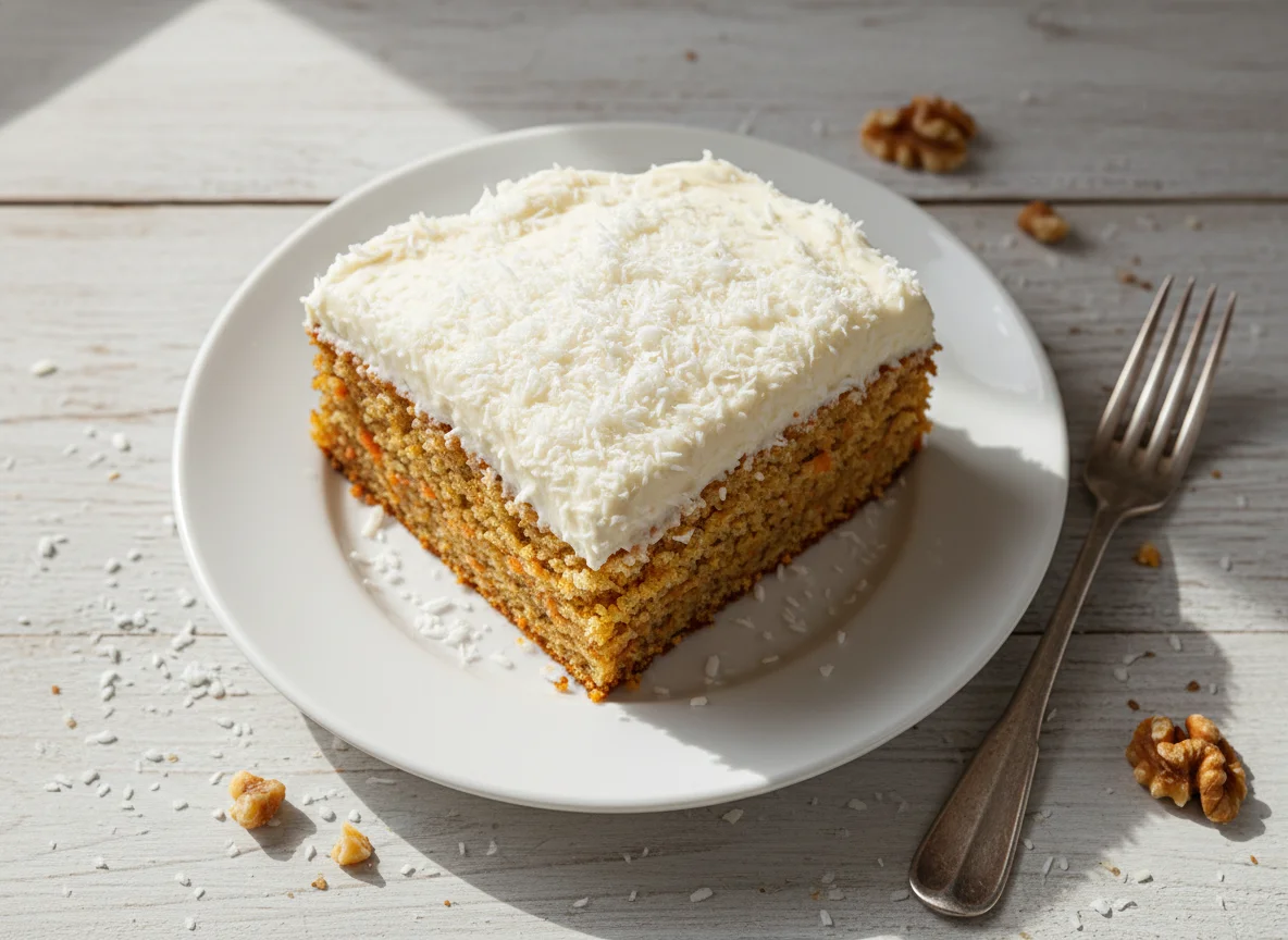 Karottenkuchen mit Frischkäse-Frosting und Kokosraspeln photo