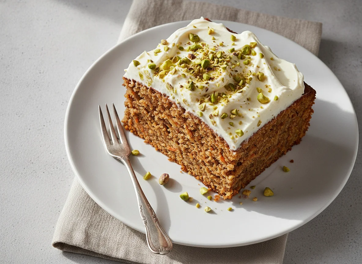 Karottenkuchen mit Frischkäse-Frosting und Pistazien photo