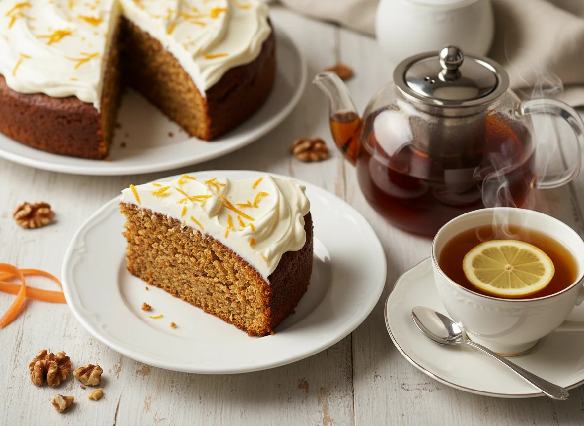 Karottenkuchen mit Tee photo
