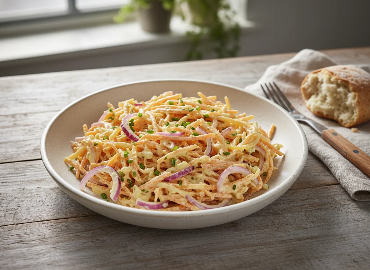 Karotten-Zwiebel-Salat mit Mayonnaise photo