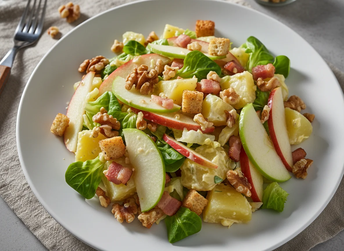Kartoffel-Apfel-Salat mit Speck und Walnüssen photo