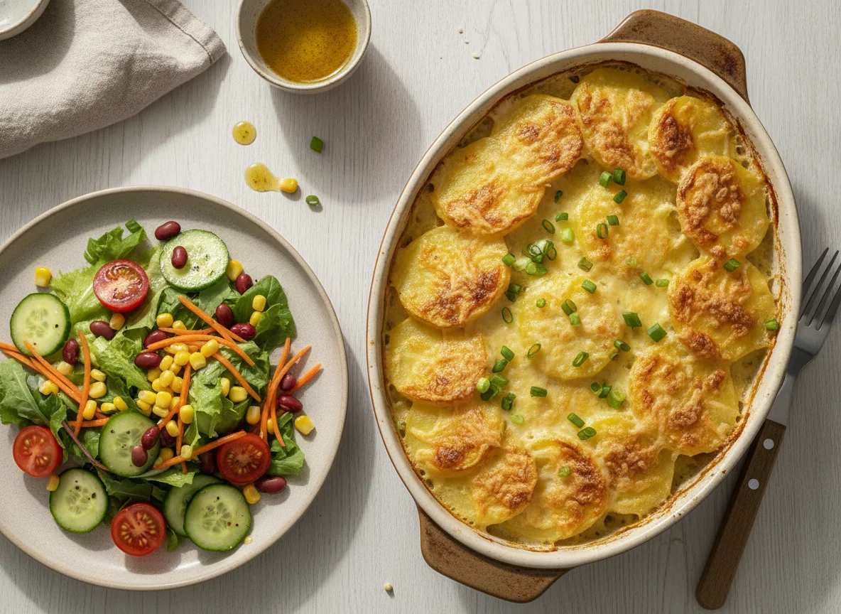 Kartoffelauflauf mit gemischtem Salat photo