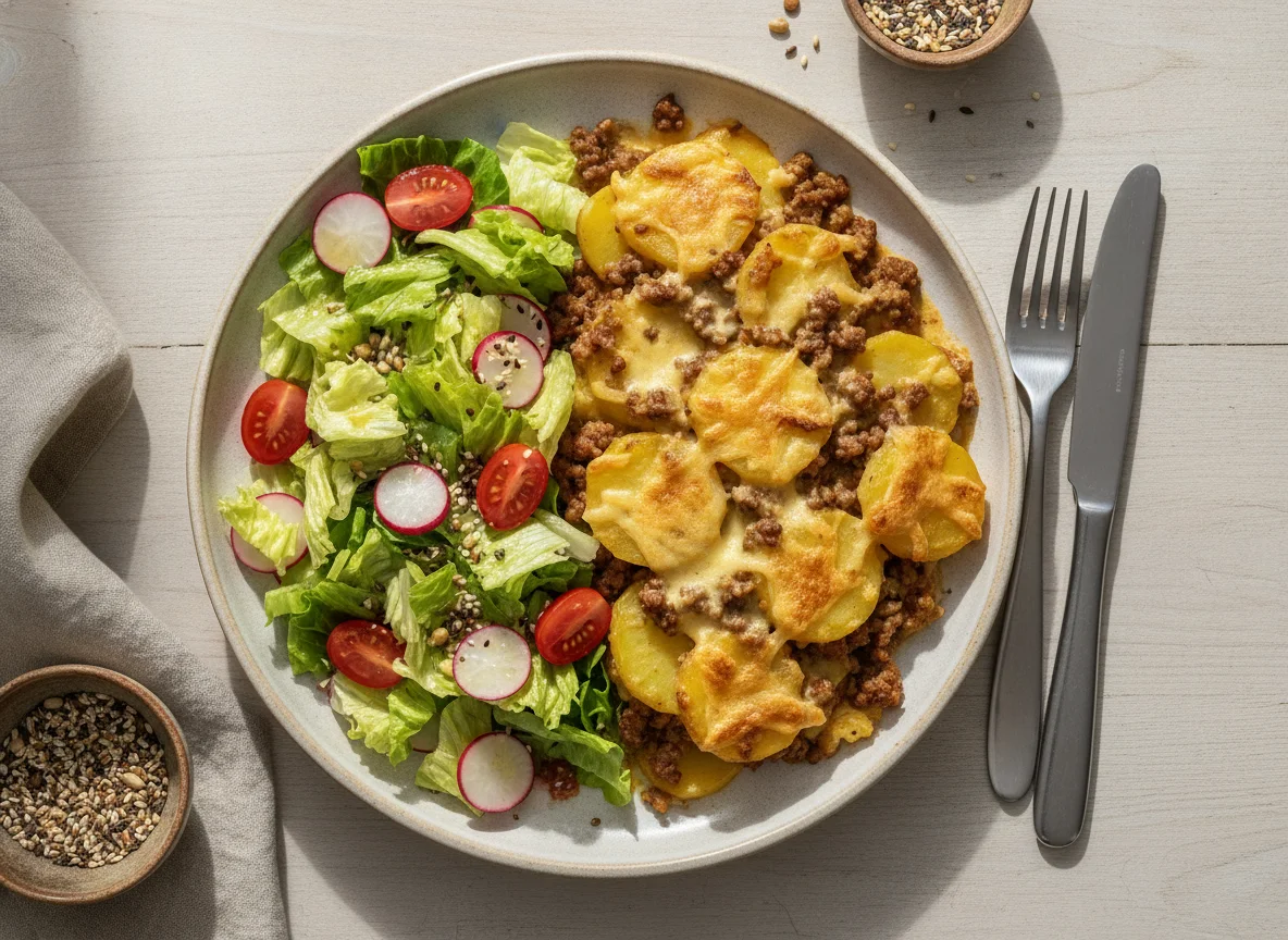 Kartoffelauflauf mit Hackfleisch und gemischtem Salat photo