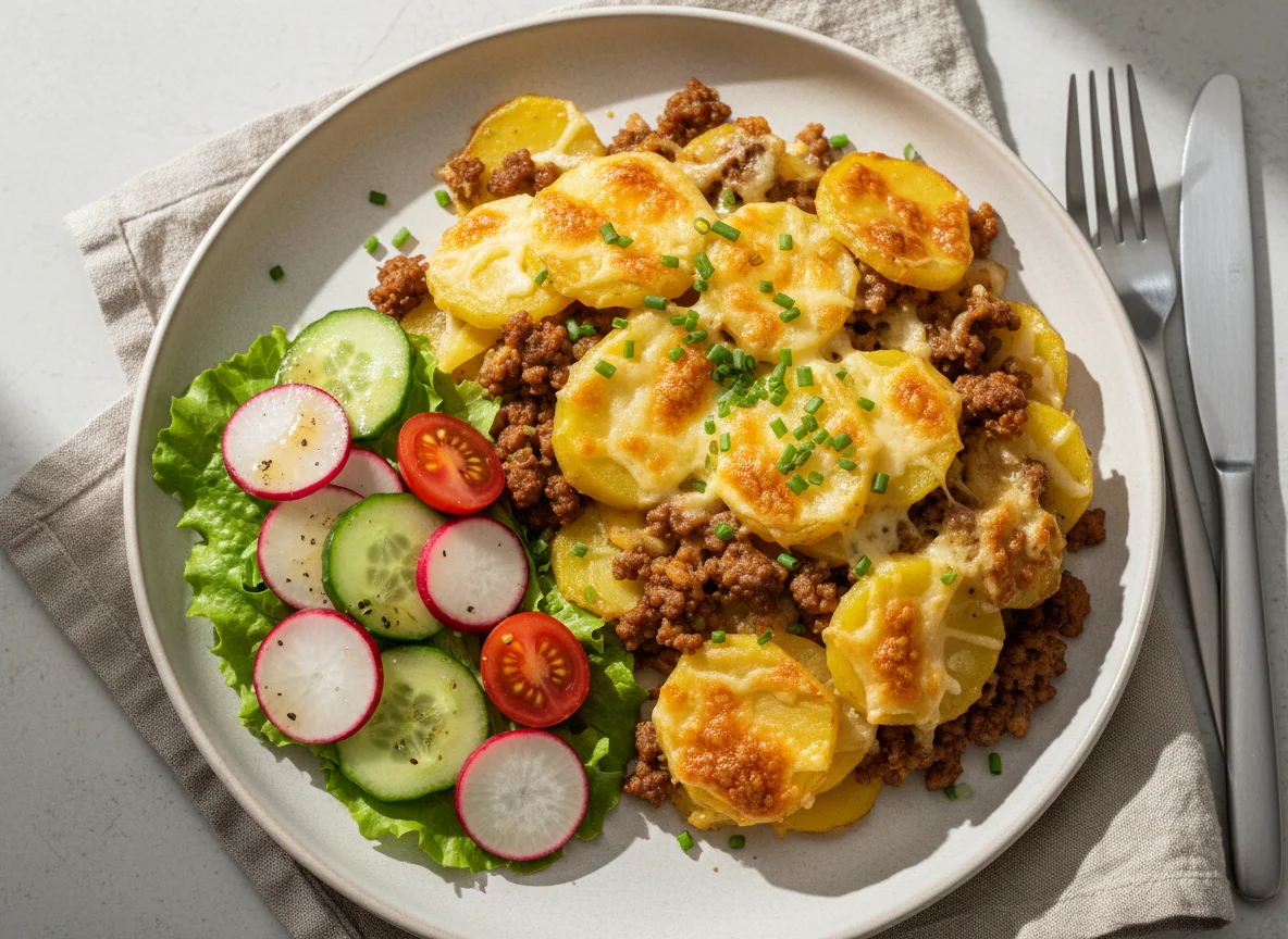 Kartoffelauflauf mit Käse und Fleisch photo