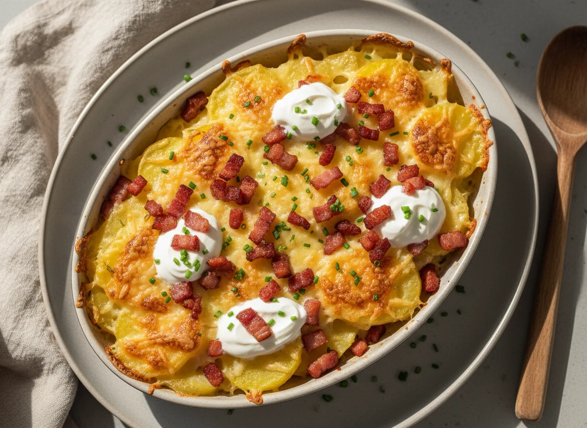 Kartoffelauflauf mit Käse und Speck photo