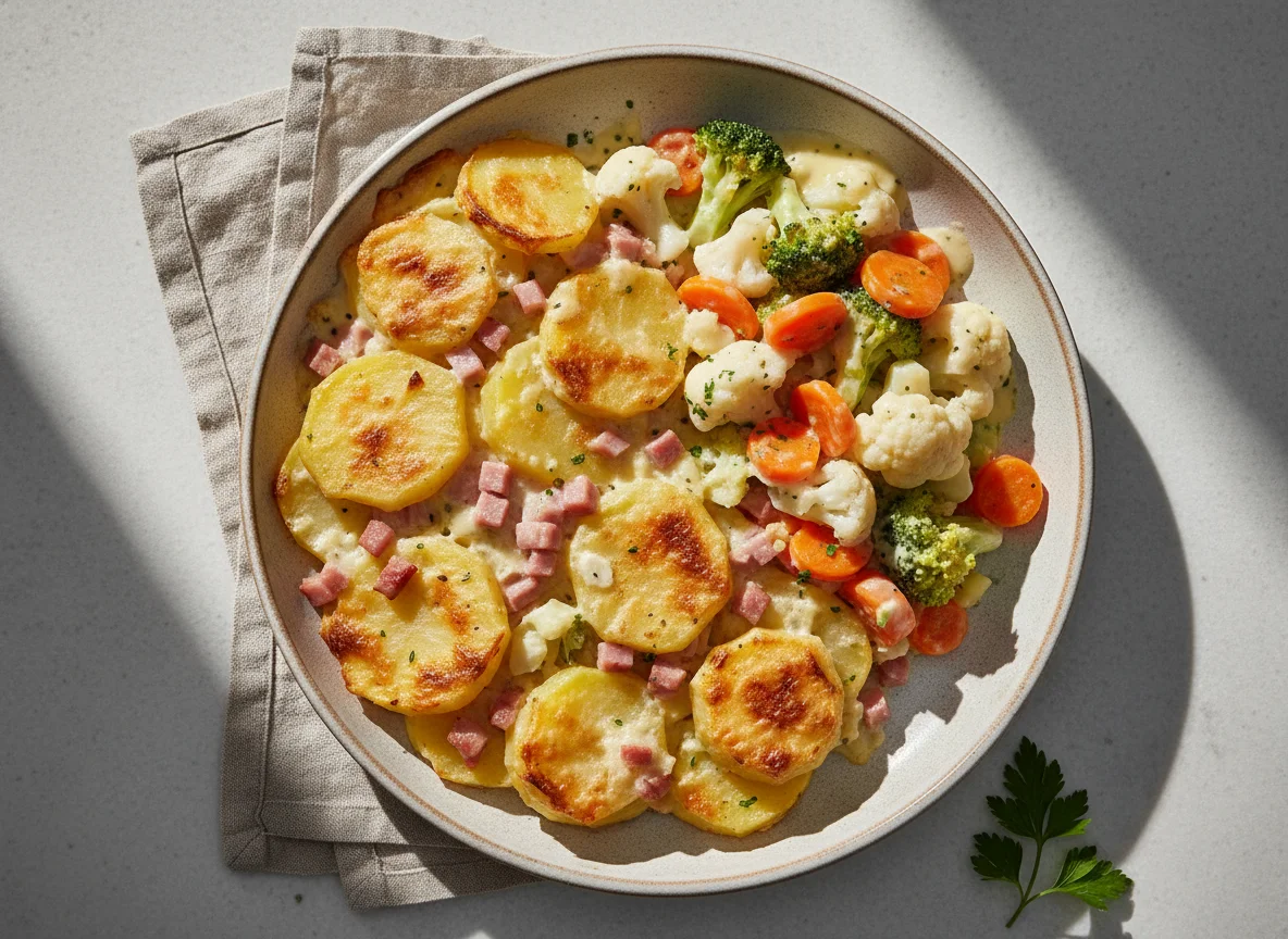 Kartoffelauflauf mit Schinken und Rahmgemüse photo