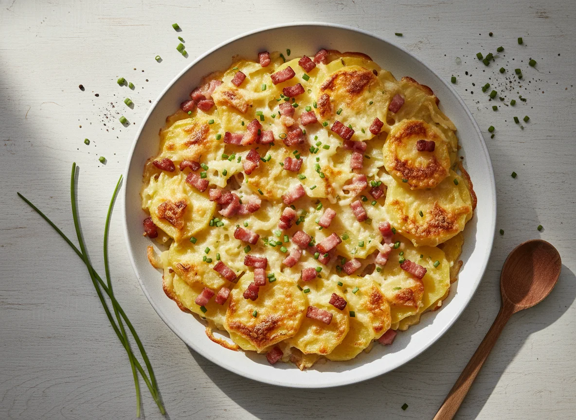 Kartoffelauflauf mit Speck und Schnittlauch photo