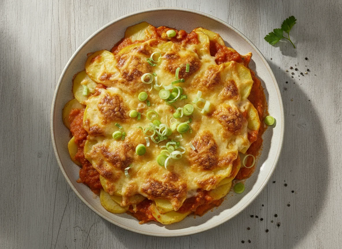 Kartoffelauflauf mit Tomatensauce und Käse photo