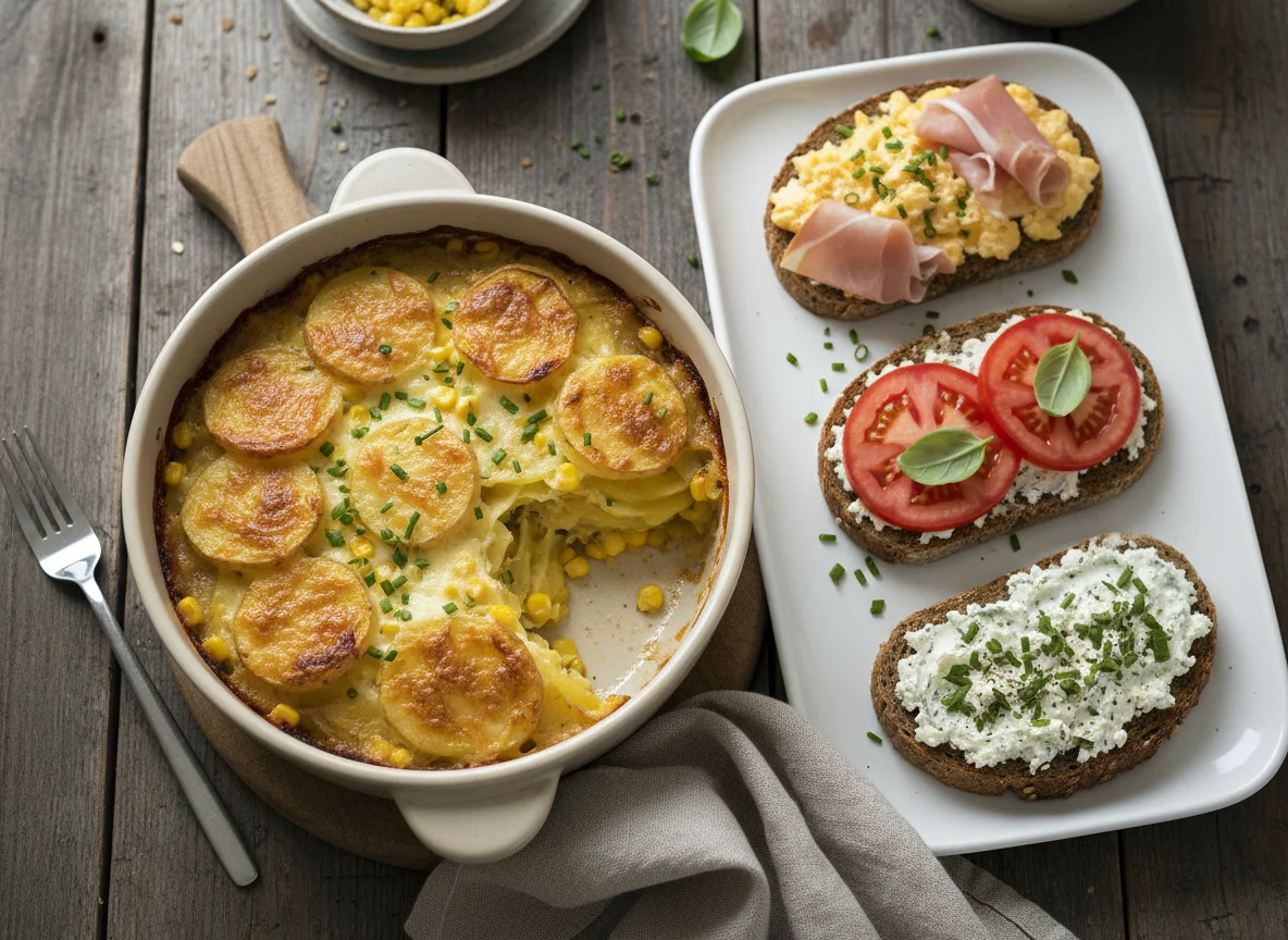 Kartoffelauflauf und belegte Brote photo