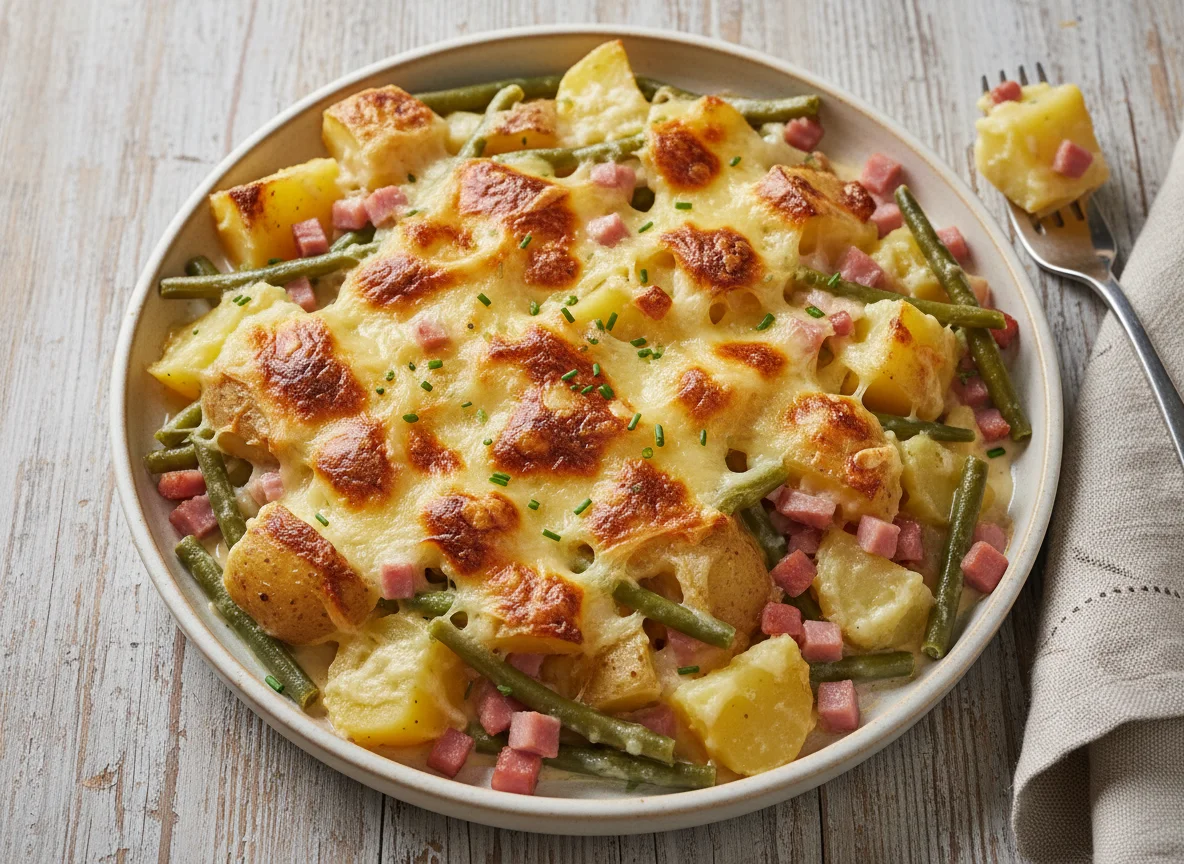 Kartoffel-Bohnen-Auflauf mit Schinken und Käse photo