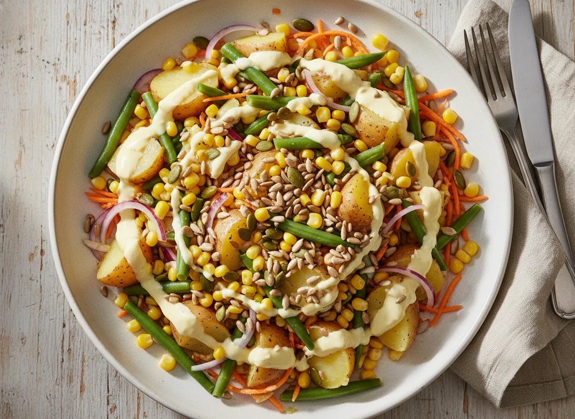Kartoffel-Bohnen-Mais-Salat mit Dressing photo