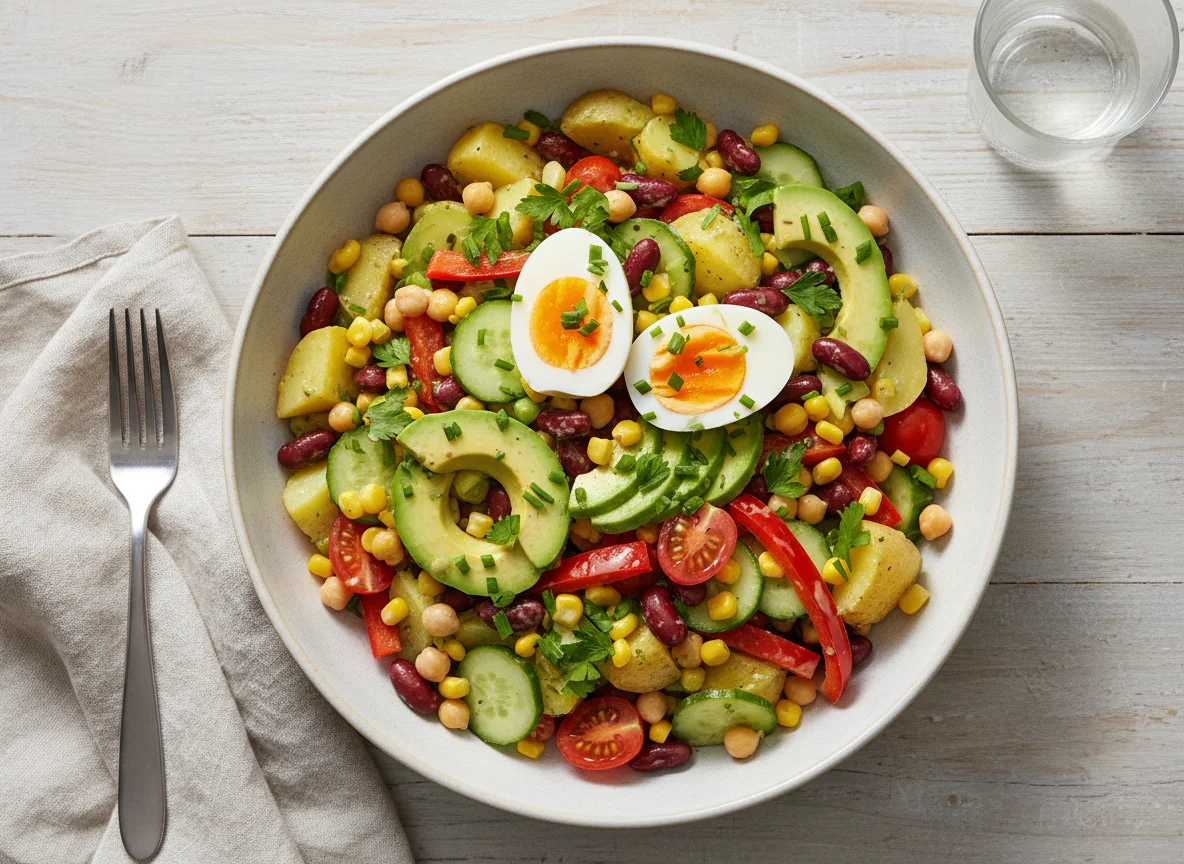Kartoffel-Bohnen-Salat mit Ei und Avocado photo