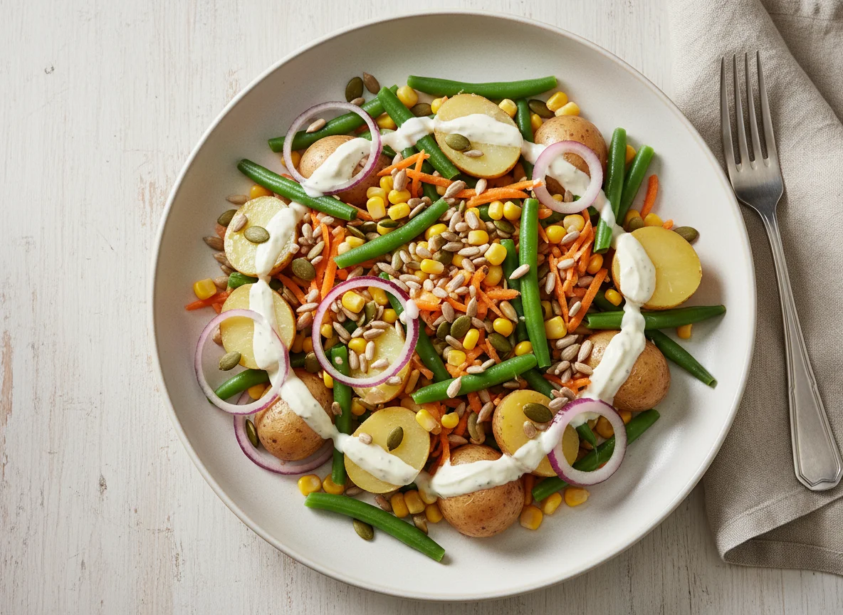 Kartoffel-Bohnen-Salat mit Mais und Kürbiskernen photo