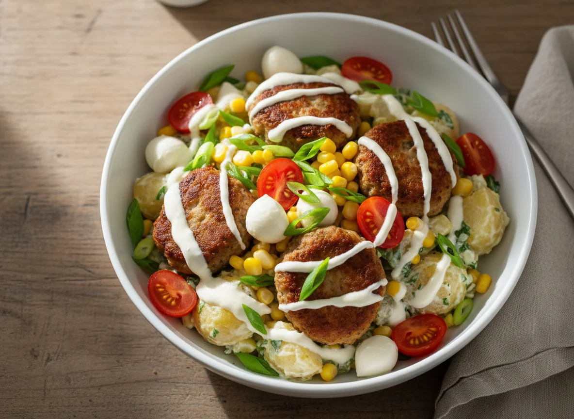 Kartoffel-Bowl mit Frikadellen und Gemüse photo