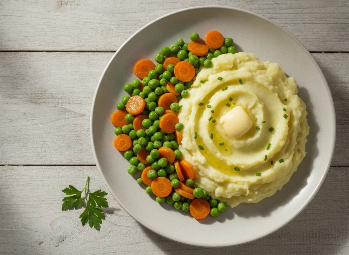 Kartoffelbrei mit Erbsen und Möhren photo