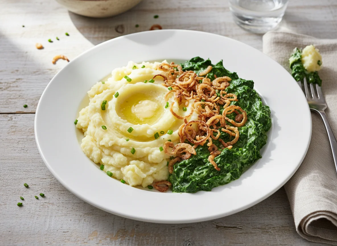 Kartoffelbrei mit Rahmspinat und Röstzwiebeln photo