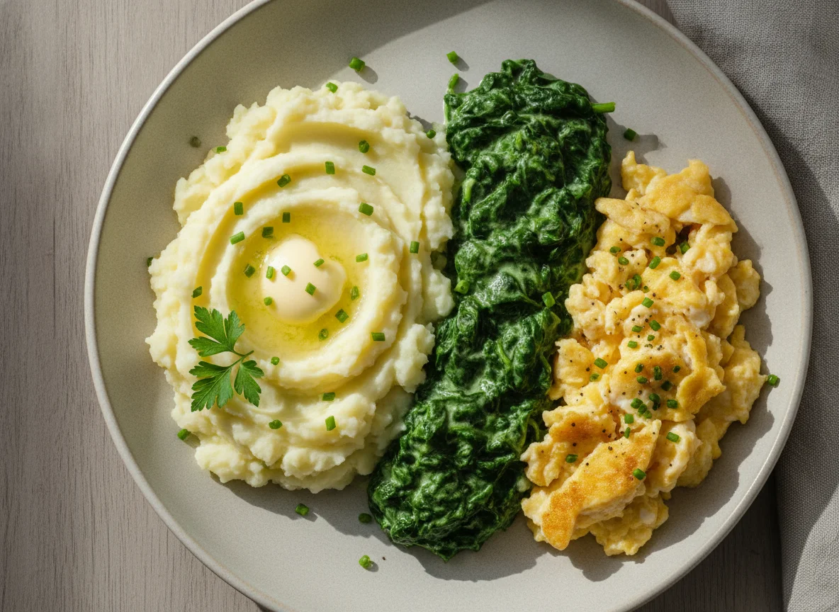 Kartoffelbrei mit Rahmspinat und Rührei photo