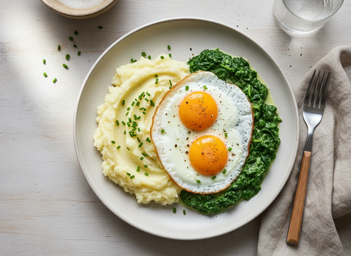 Kartoffelbrei mit Rahmspinat und Spiegelei photo