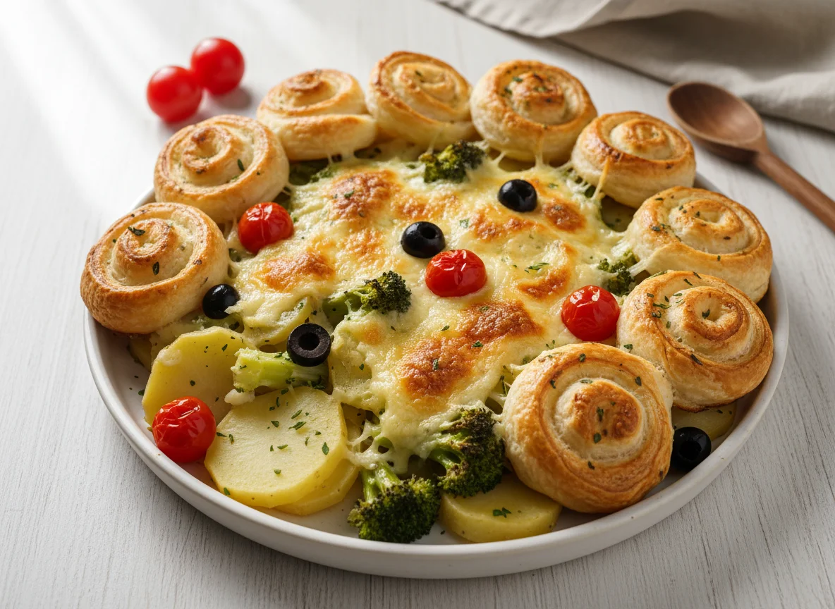 Kartoffel-Brokkoli-Auflauf mit Blätterteiggebäck photo