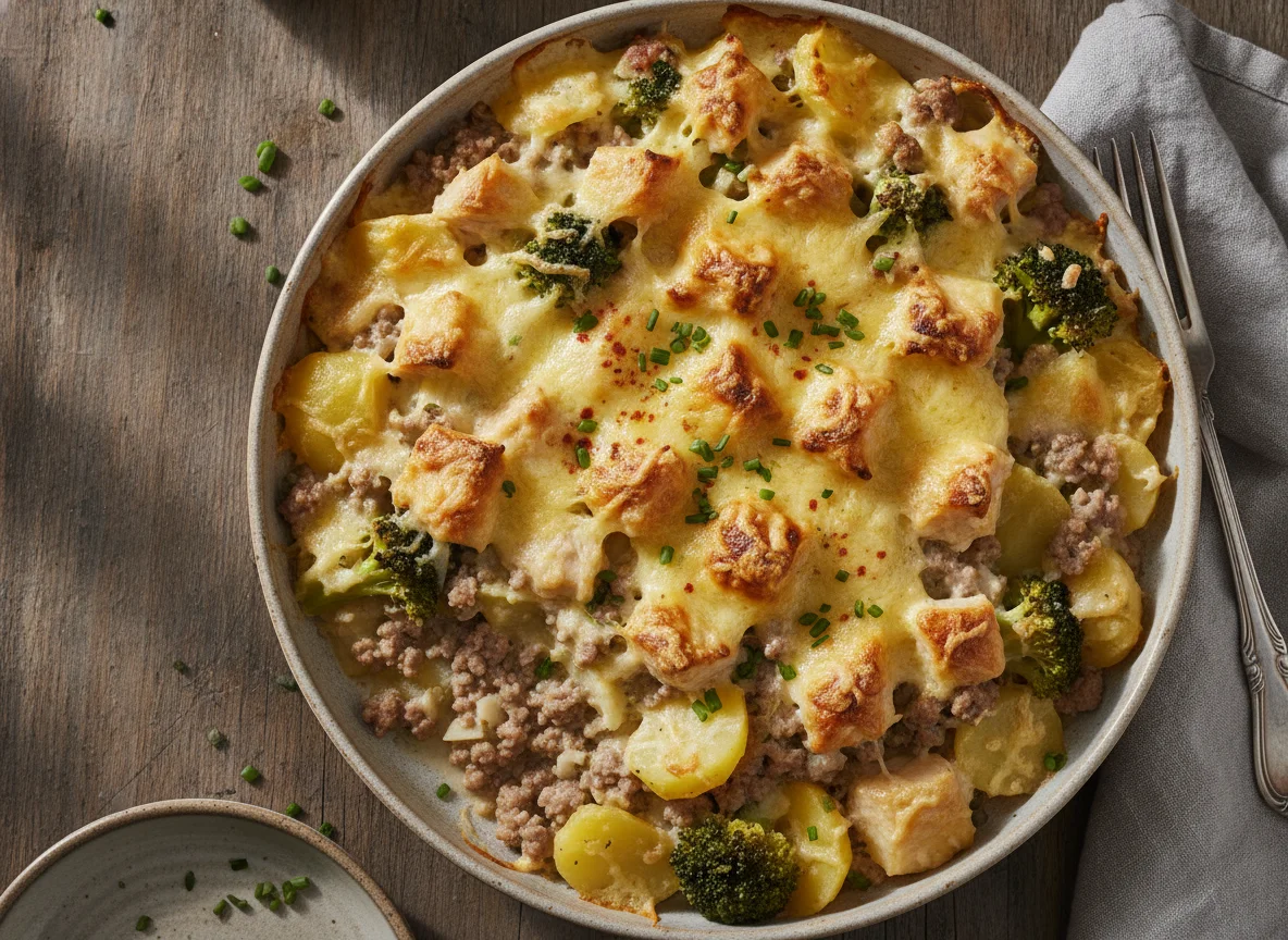 Kartoffel-Brokkoli-Auflauf mit Hähnchen und Käse photo