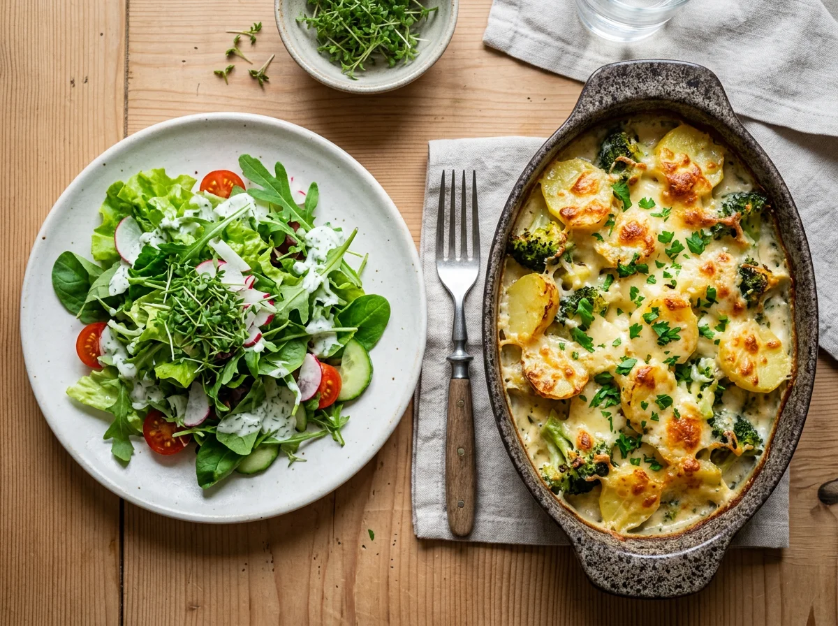 Kartoffel-Brokkoli-Auflauf mit Salat photo