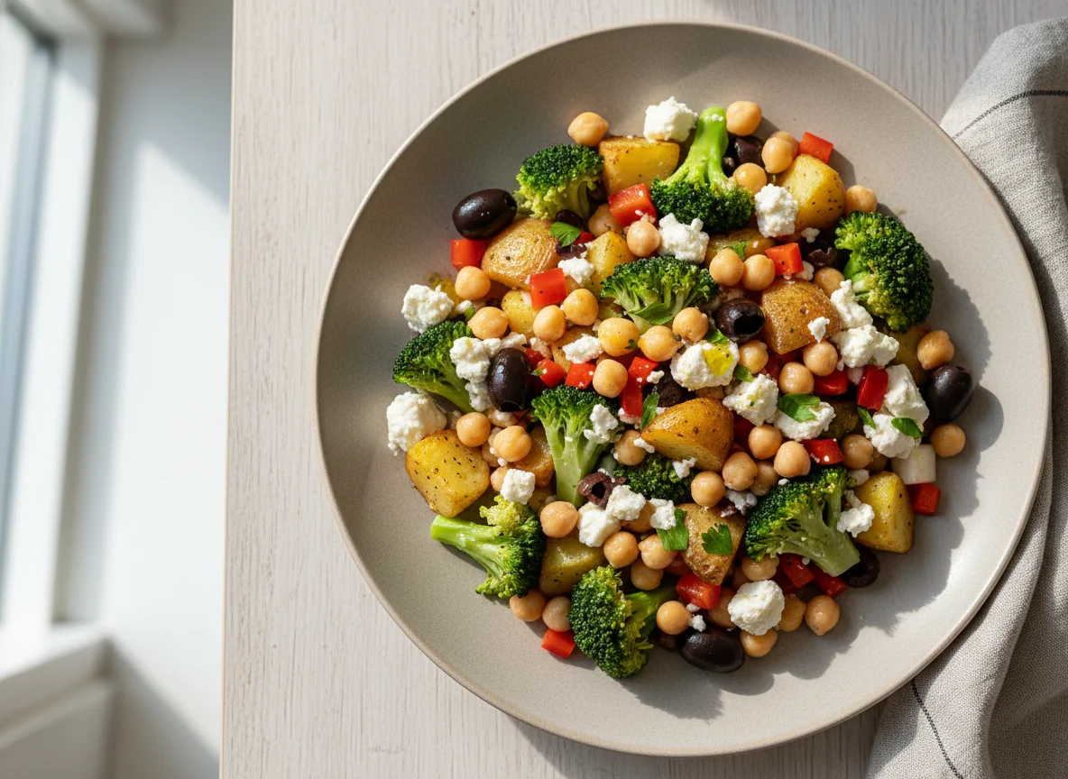 Kartoffel-Brokkoli-Kichererbsen-Salat mit Feta photo