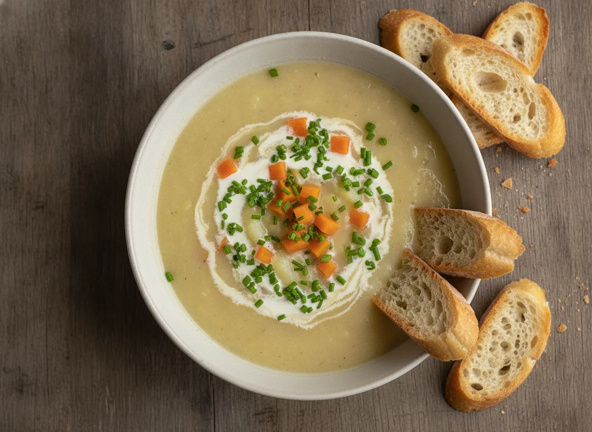 Kartoffelcremesuppe mit Baguette photo