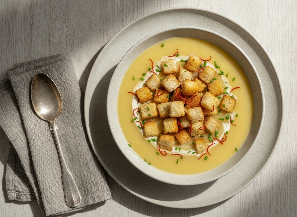 Kartoffelcremesuppe mit Croutons photo
