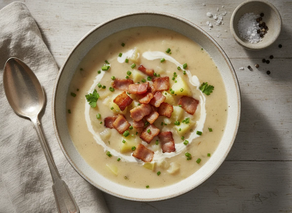 Kartoffelcremesuppe mit Speck photo