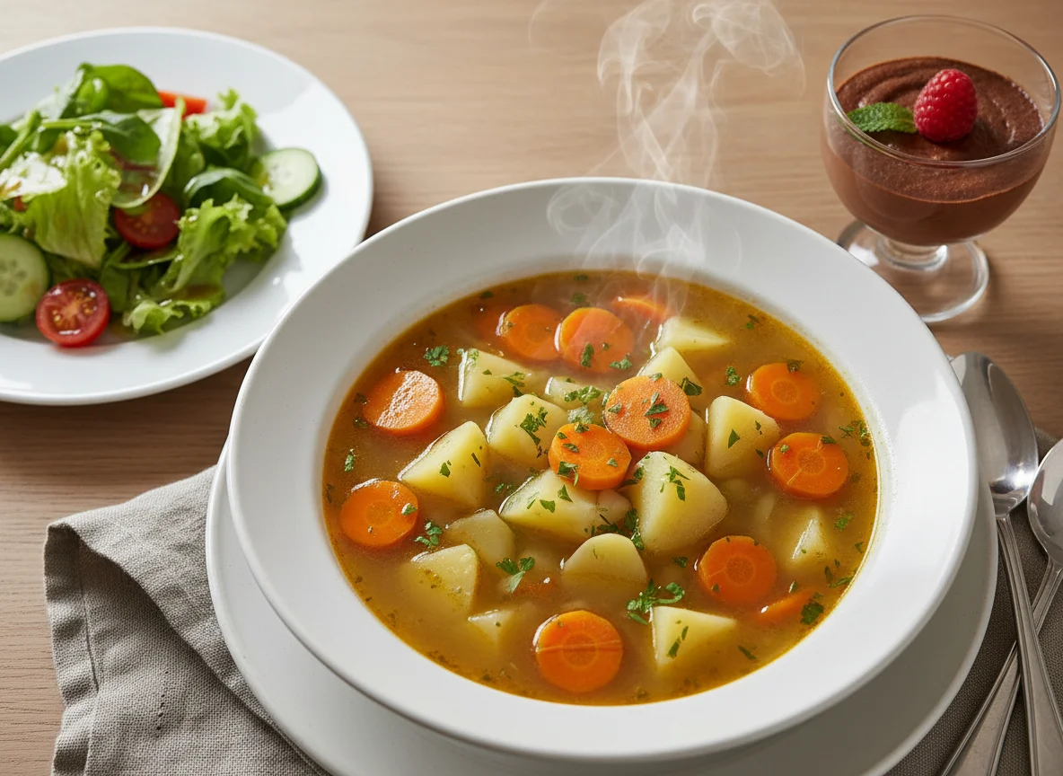 Kartoffeleintopf mit Beilagensalat und Schokoladenmousse photo
