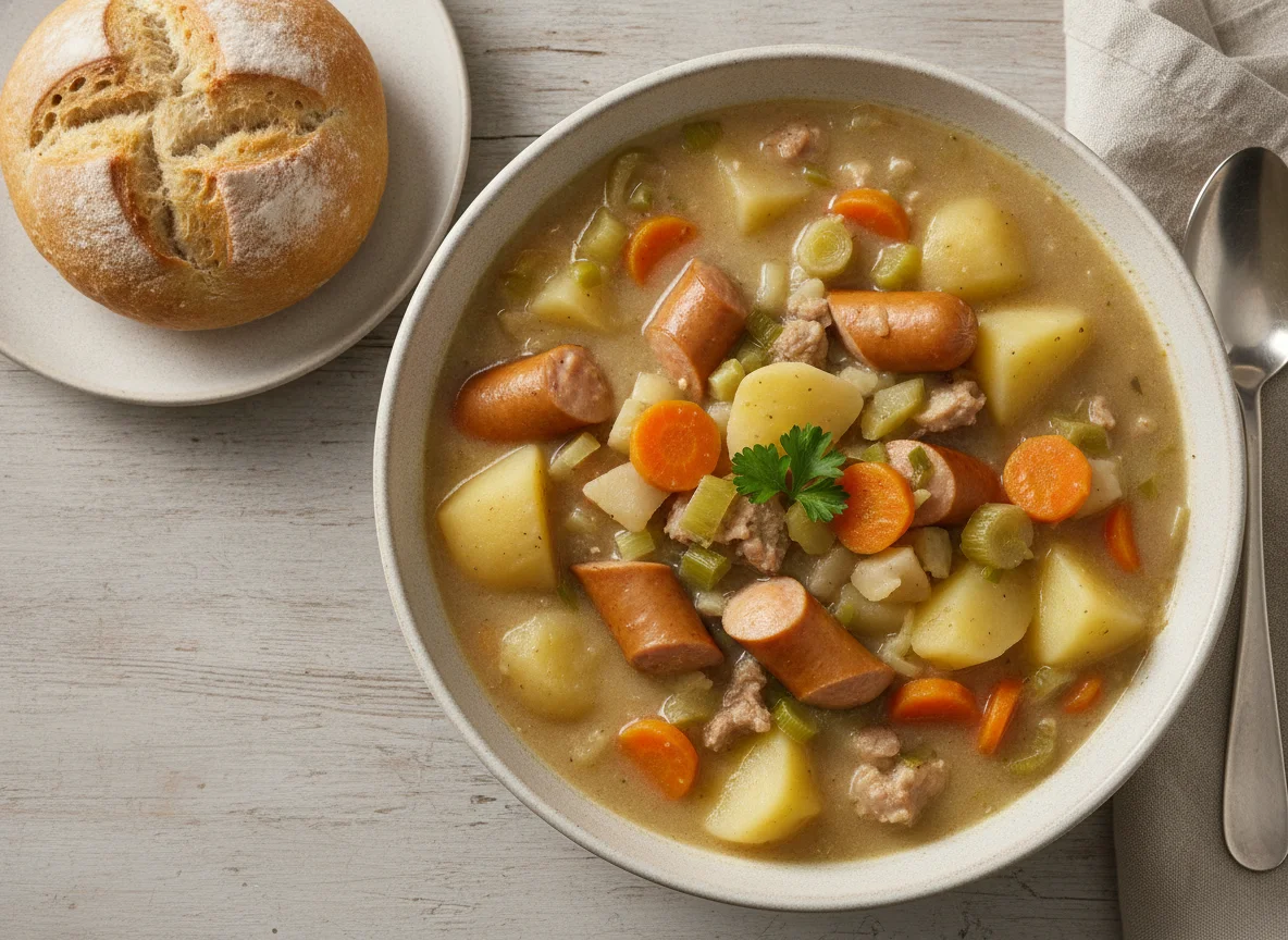Kartoffeleintopf mit Wiener Würstchen und Brötchen photo