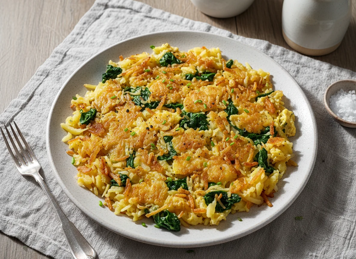 Kartoffel-Ei-Pfanne mit Spinat photo