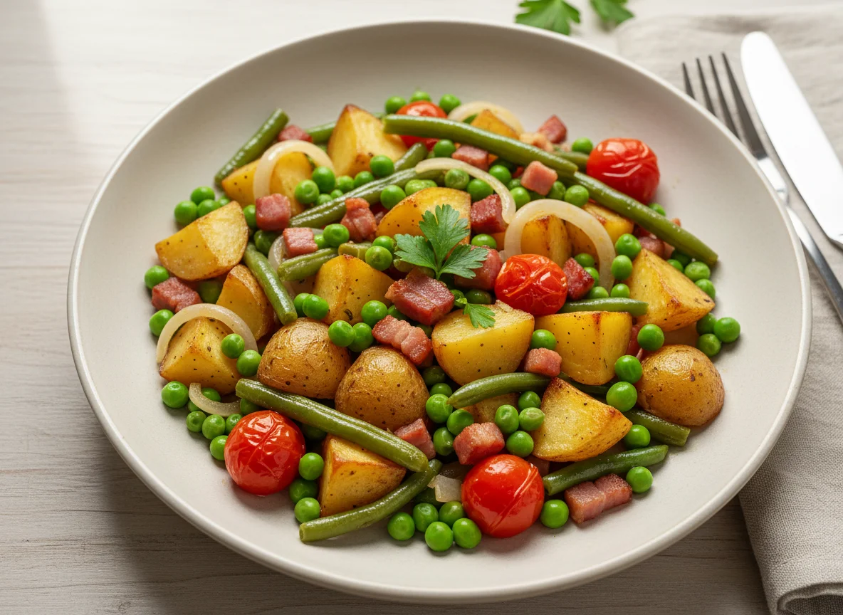 Kartoffel-Erbsen-Bohnen-Pfanne mit Speck photo