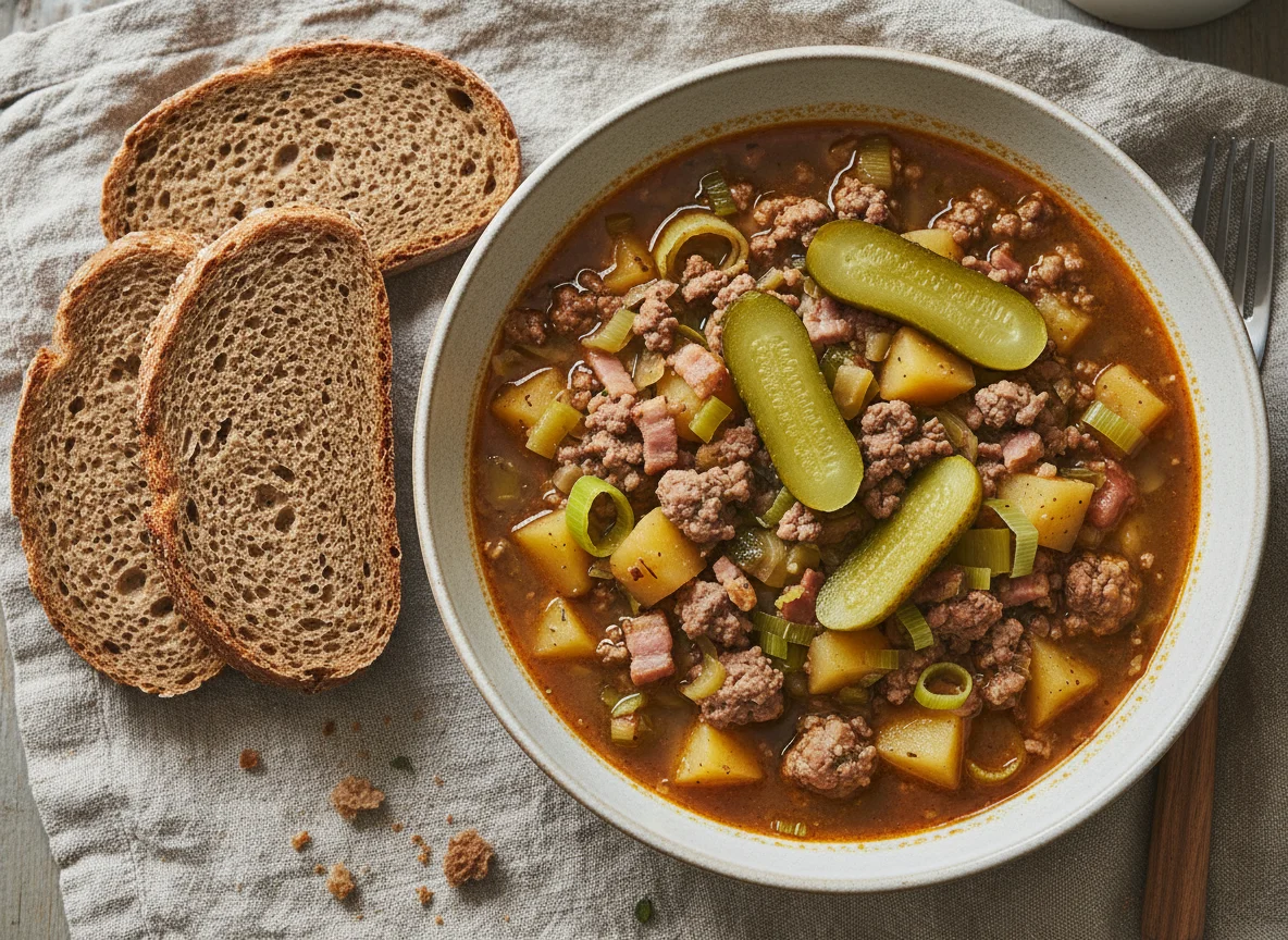 Kartoffel-Fleisch-Eintopf mit Brot photo