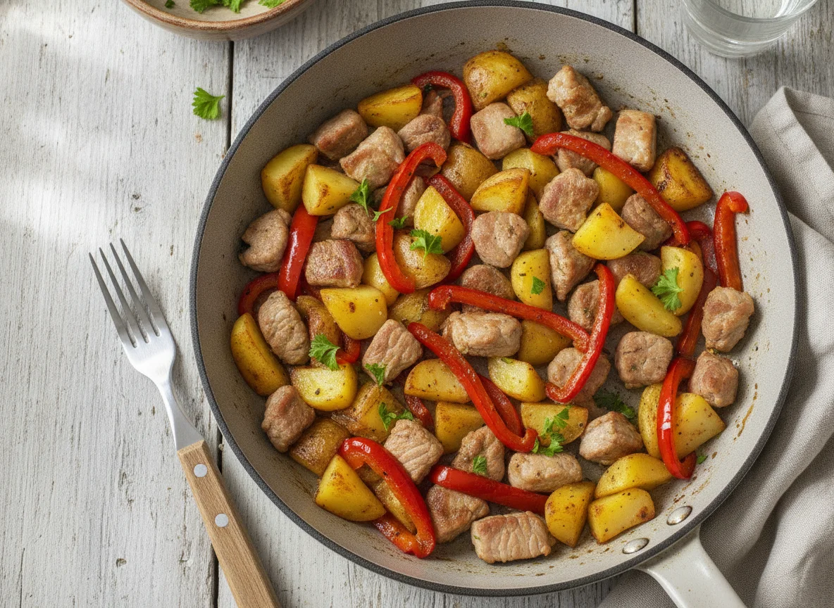Kartoffel-Fleisch-Pfanne mit Paprika photo