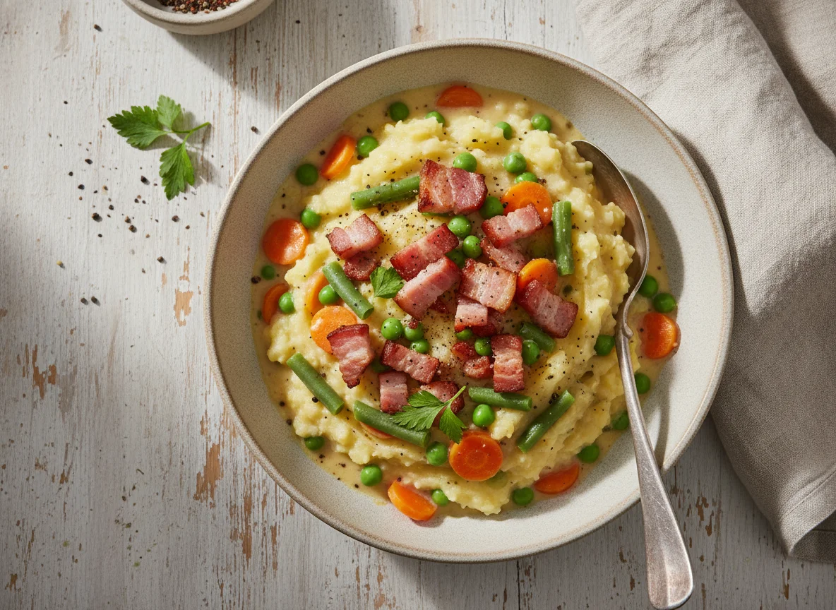 Kartoffel-Gemüse-Eintopf mit Speck photo