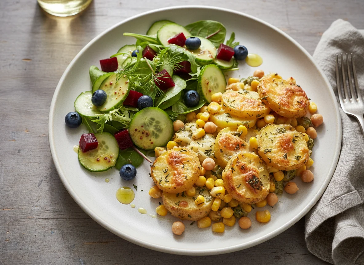 Kartoffel-Gemüse-Gratin mit Beilagensalat photo