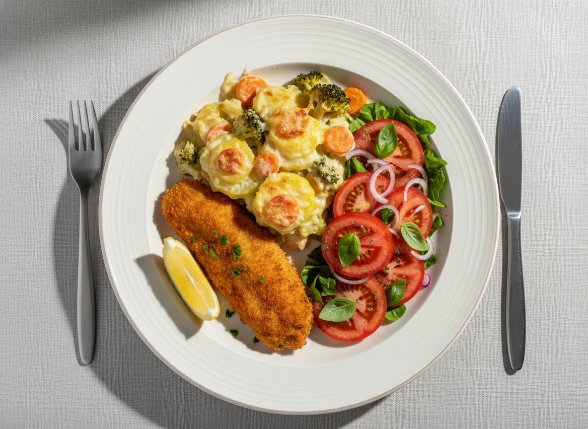 Kartoffel-Gemüse-Gratin mit Tomatensalat und paniertem Fisch photo